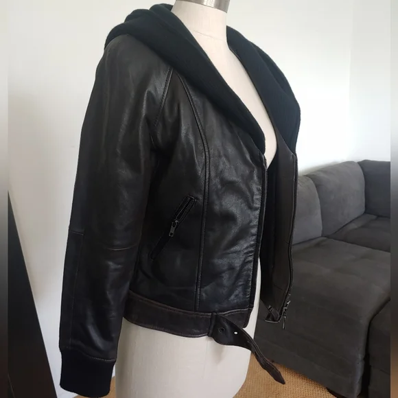 Suzanne Somers Lamb Leather Lined Moto Hooded Jacket - Picture 9 of 9